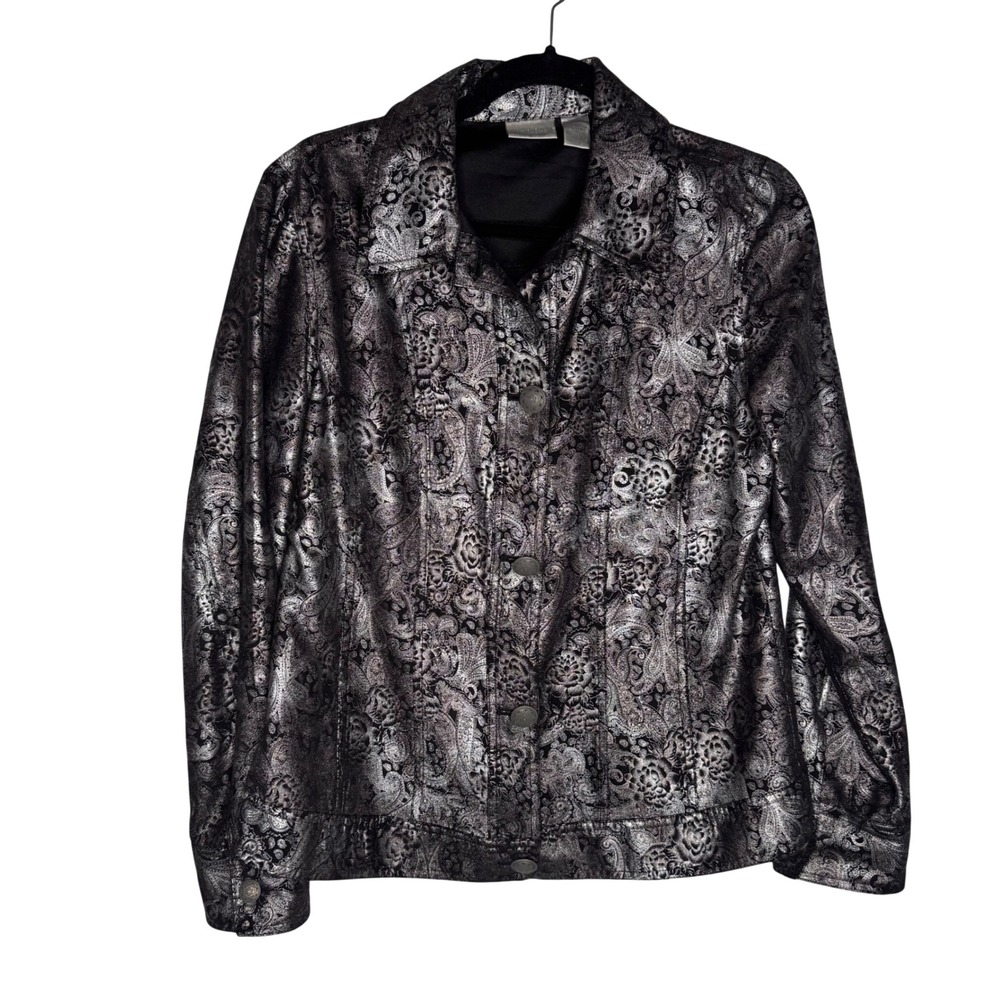 Chico's Silver Metallic Black Paisley Button Front Long Sleeve Jacket Size 1 Med